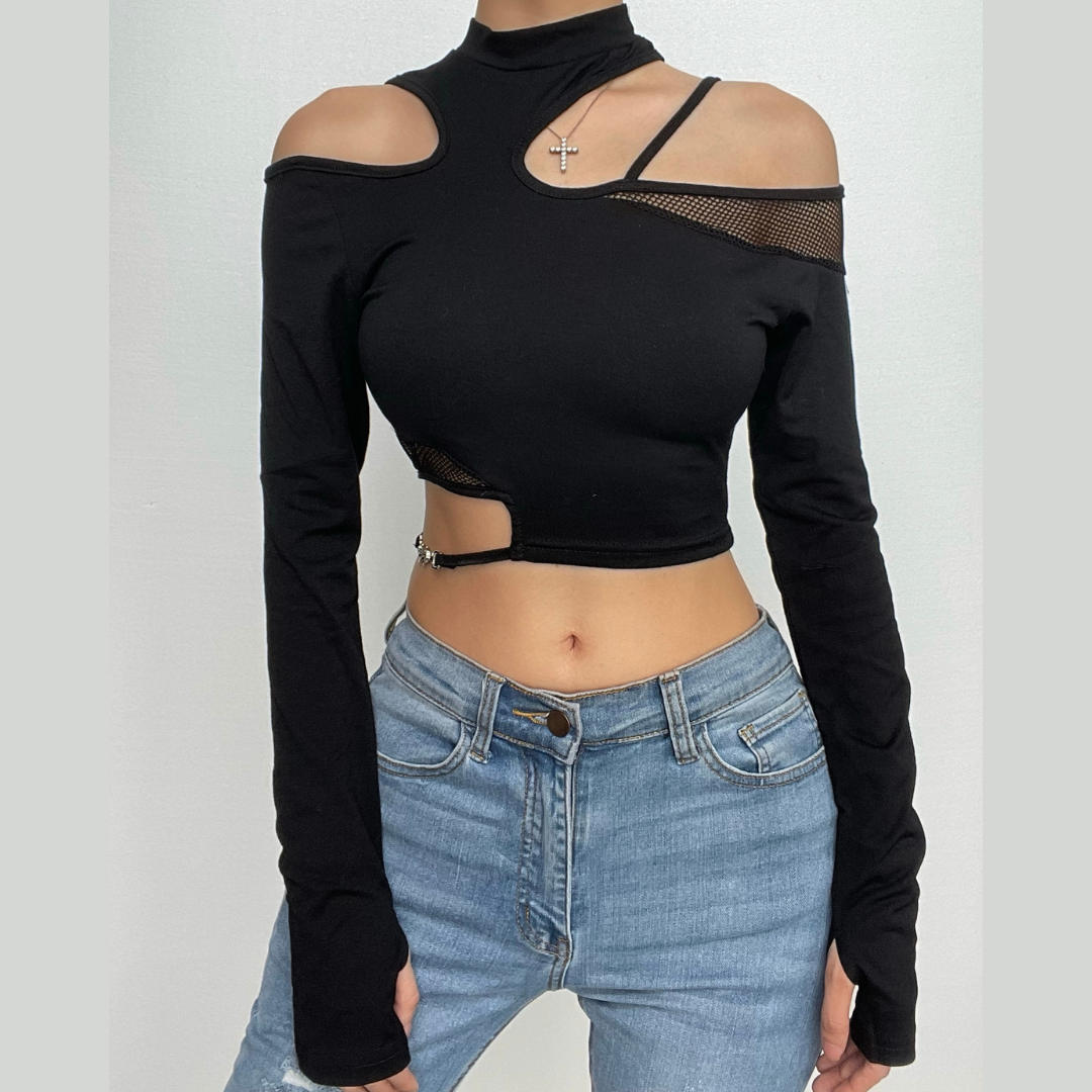 Fishnet Patchwork Off Shoulder Langarm Handschuhe Unregelmäßiges Top