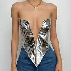 Metallic-Korsett-Tube-Top mit tiefem Ausschnitt und Reißverschluss