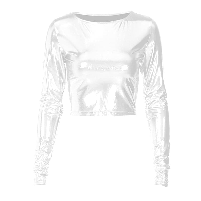 Long sleeve crewneck metallic solid crop top