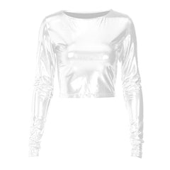 Langärmliges, einfarbiges Crop-Top mit Rundhalsausschnitt in Metallic 