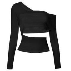 Long sleeve one shoulder hollow out solid irregular backless top