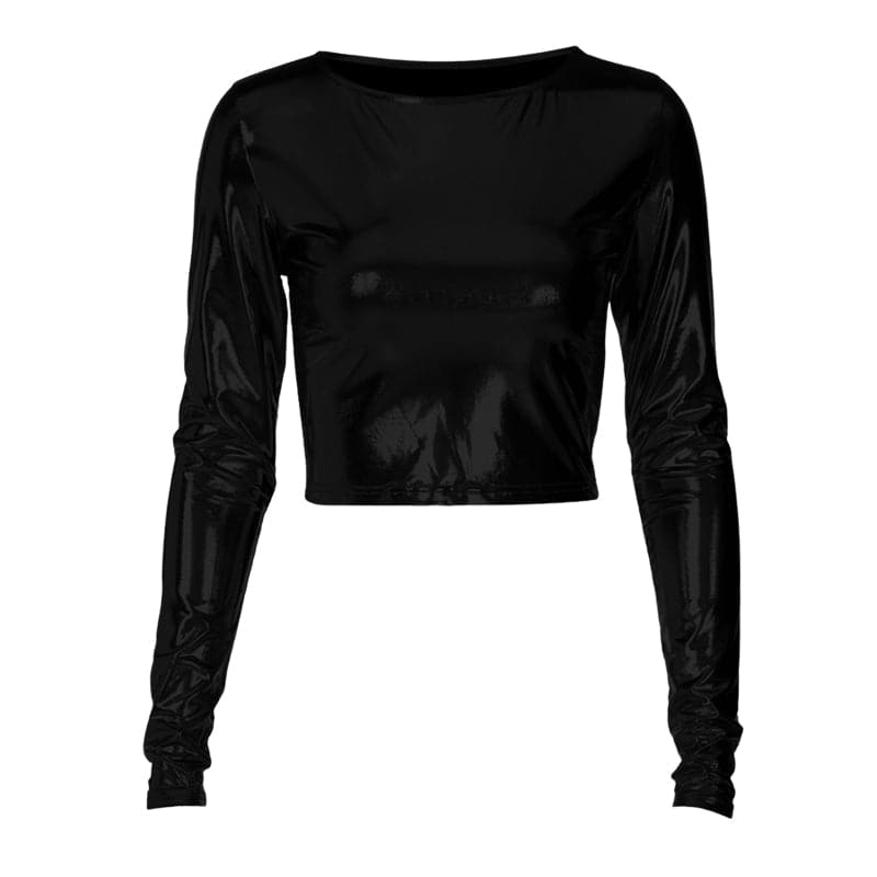 Long sleeve crewneck metallic solid crop top