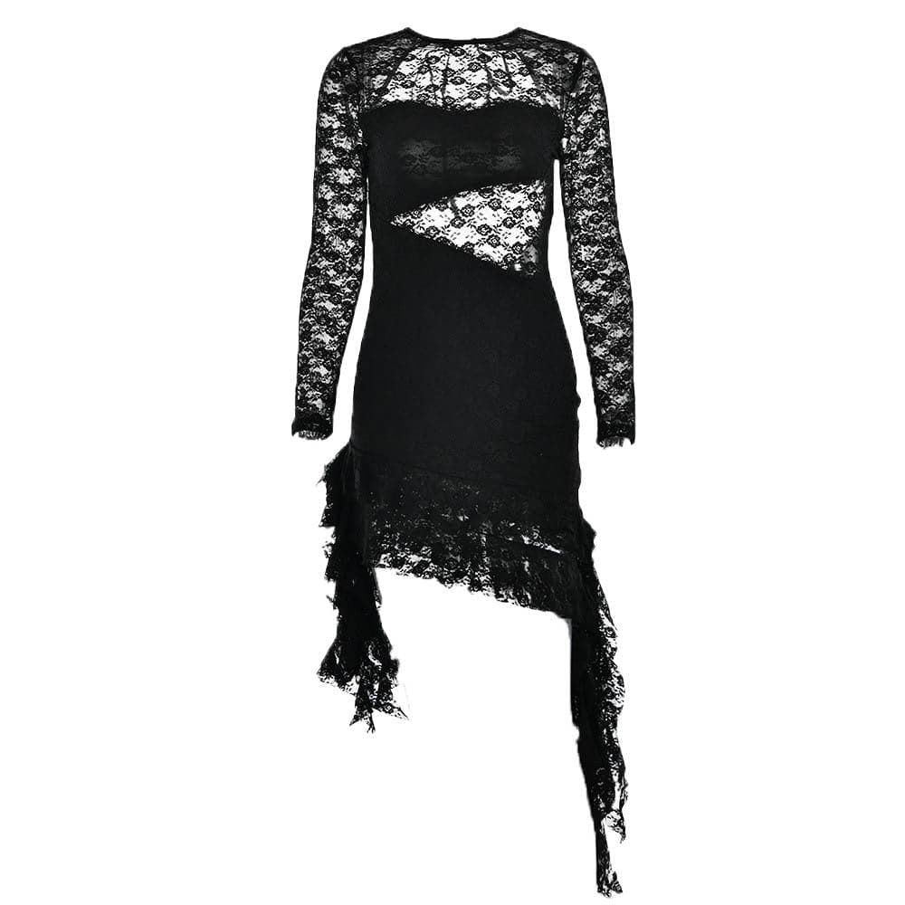 Lace backless solid ruffle long sleeve irregular mini dress