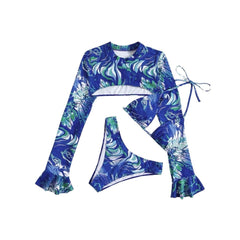 Contrast print ruffle long sleeve halter 3 piece swimwear