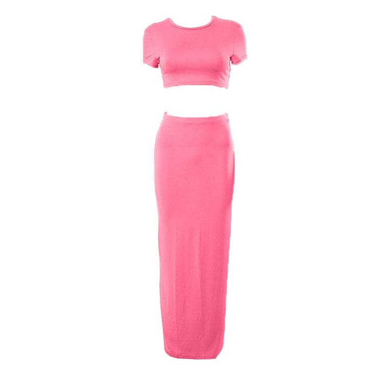 Crewneck short sleeve solid maxi skirt set