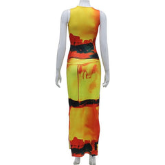 Crewneck sleeveless contrast print slit maxi dress