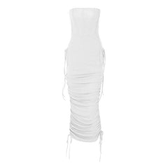 Ruched backless solid drawstring tube midi dress