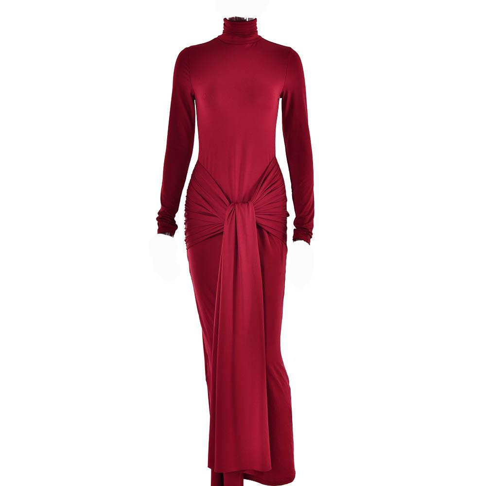 Ruched solid long sleeve turtle neck self tie maxi dress