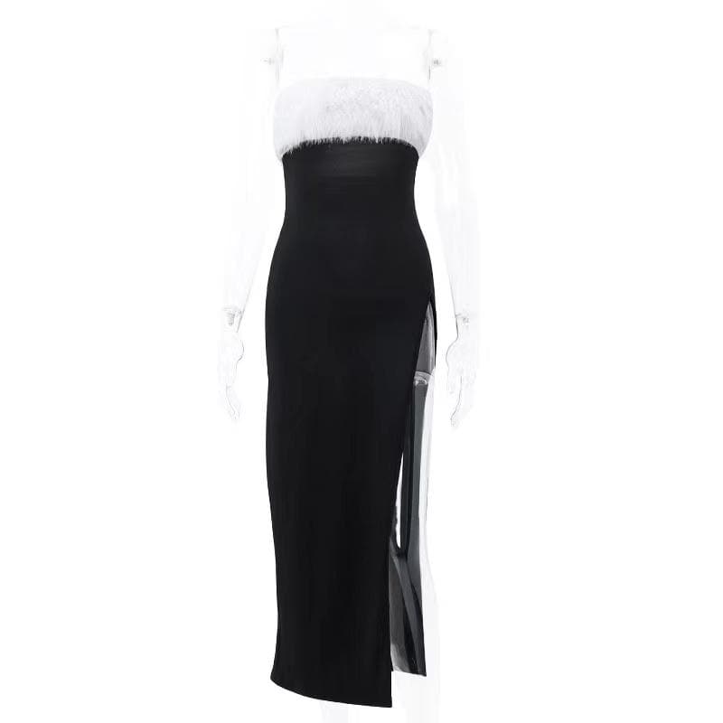 Fluffy contrast slit backless zip-up tube midi dress