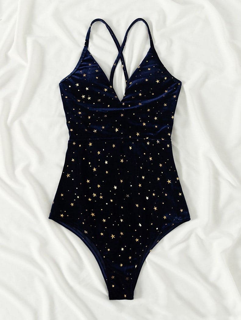 Traje de baño de una pieza con escote en V y contraste con estampado de estrellas en la espalda cruzada 