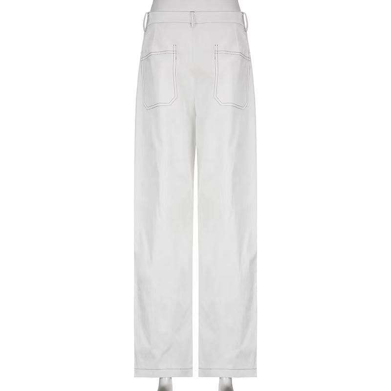 Solid zip-up pocket low rise button wide leg