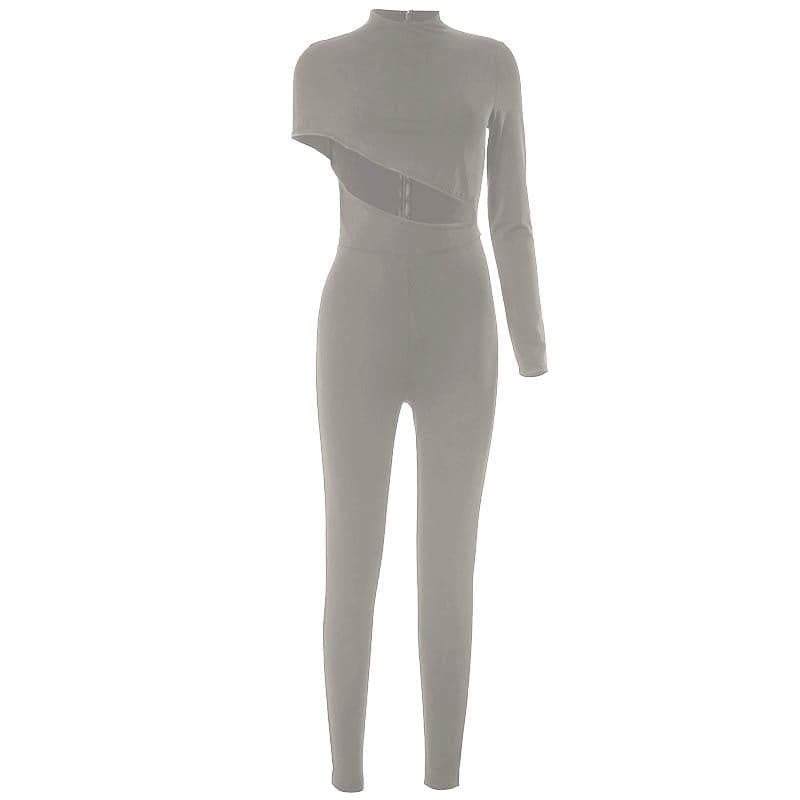 Ausgehöhlter unregelmäßiger, langärmliger, hochgeschlossener, einfarbiger Jumpsuit 