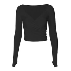 Ruched long sleeve gloves v neck solid crop top