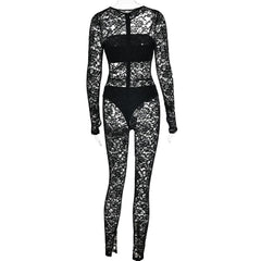 Einfarbiges Jumpsuit-Set aus Spitze mit langen Ärmeln, ausgehöhlten Schlauchhandschuhen und Reißverschluss 