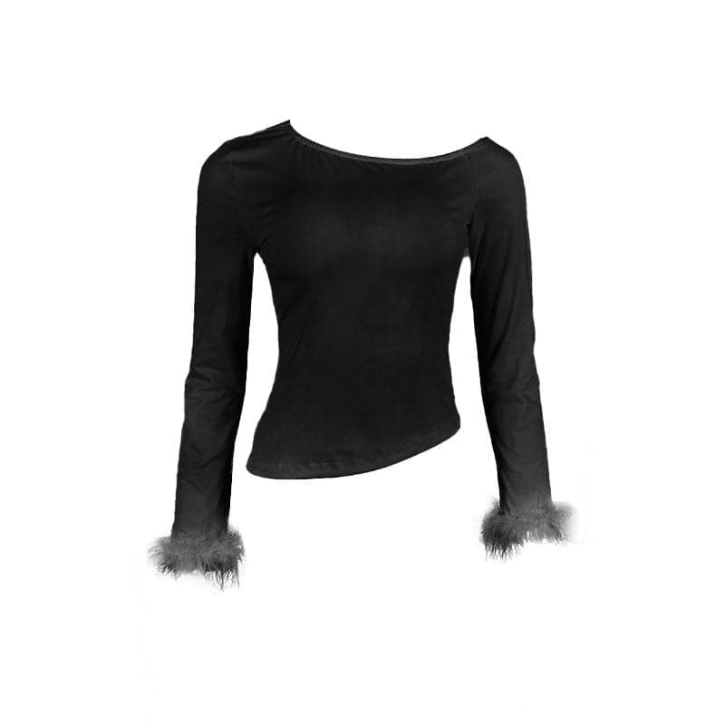 Top de cuello redondo con plumas lisas irregulares y mangas largas 