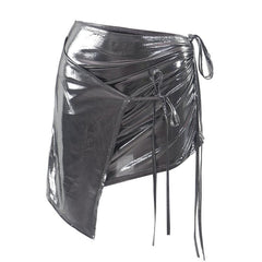 Drawstring metallic self tie irregular low rise mini skirt