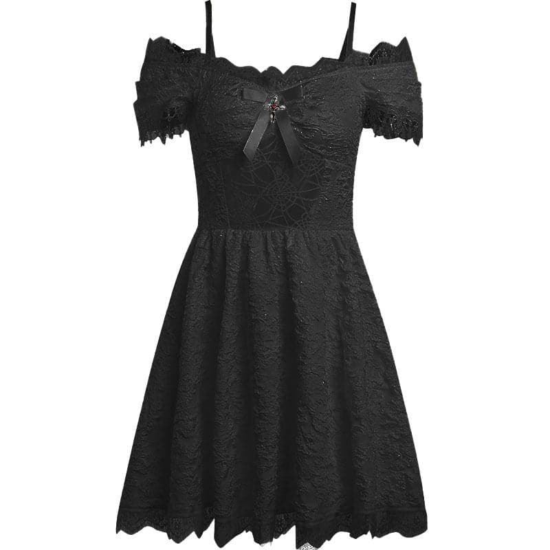 Hollow out off shoulder short sleeve cross applique bowknot lace hem mini dress