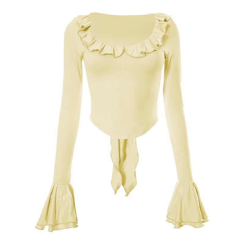 Ruffle flared sleeve self tie solid u neck top