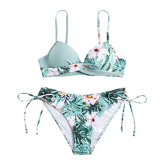 Gepolsterter Camisole-Bikini mit Blumenmuster und überkreuzter Vorderseite zum Selbstbinden