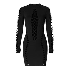 Hollow out long sleeve solid crewneck mini dress