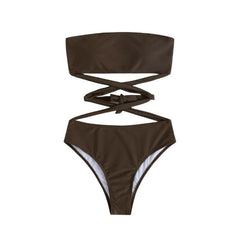 Cross front solid self tie padded tube bikini swimwear