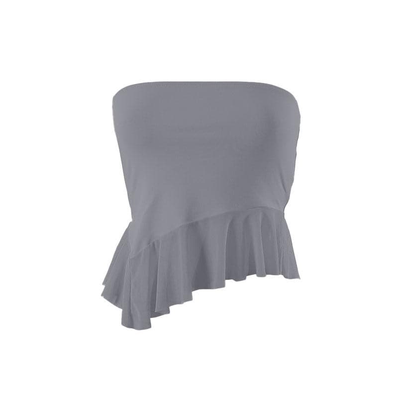 Mesh ruffle irregular solid backless tube crop top