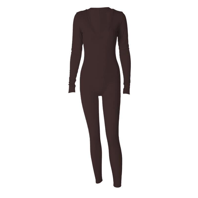 Ribbed solid long sleeve v neck jumpsuit