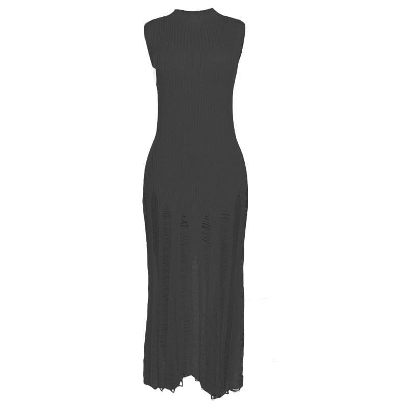 Crochet sleeveless solid hollow out crewneck maxi dress