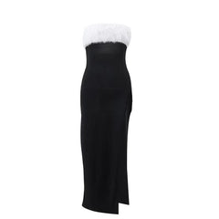 Fluffy contrast slit backless zip-up tube midi dress