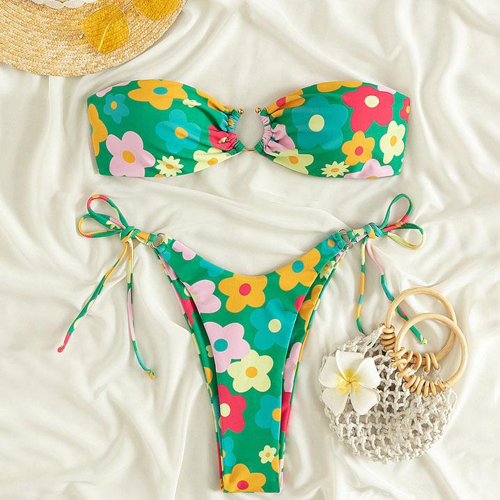 Flower pattern self tie o ring tube bikini swimwear