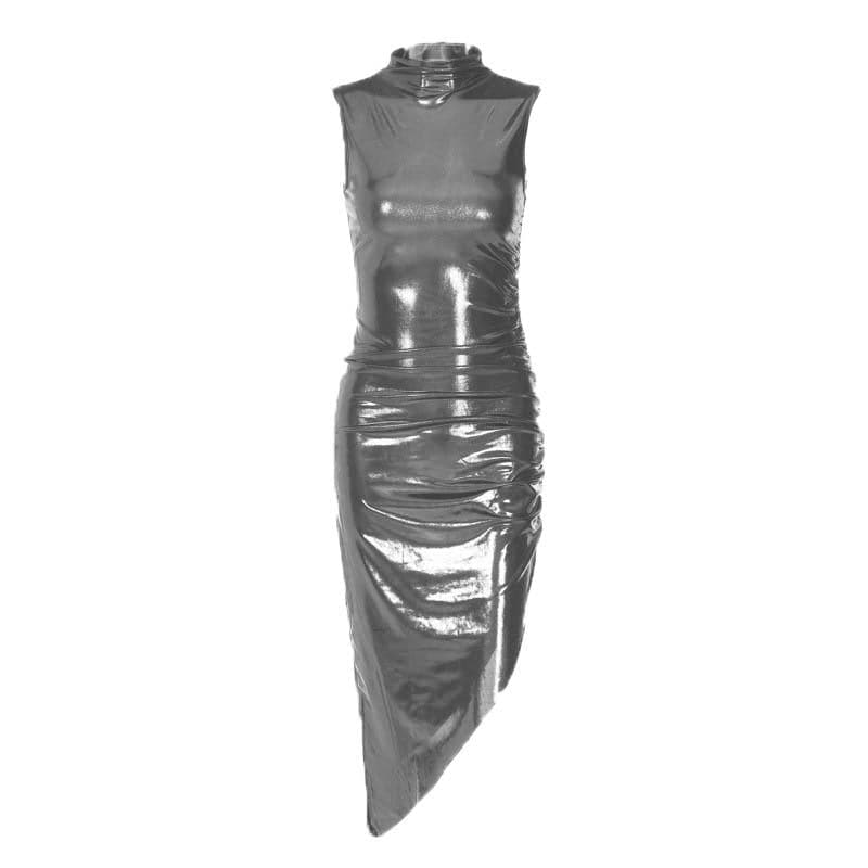 Metallic irregular high neck sleeveless ruched midi dress