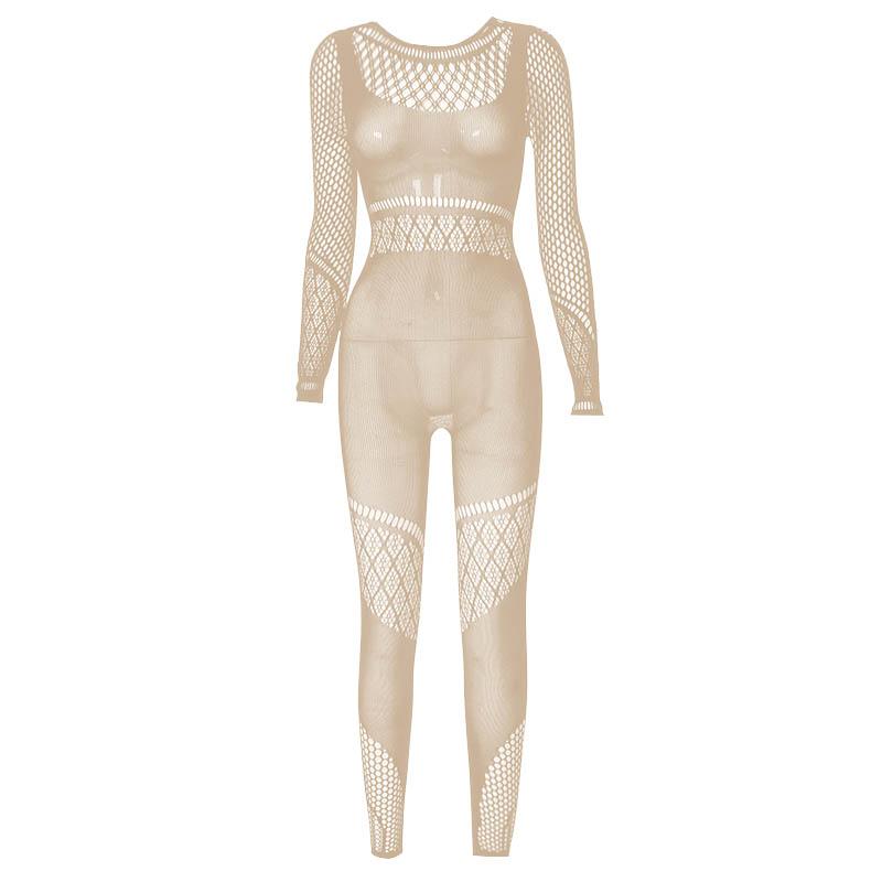 Hollow out solid fishnet long sleeve jumpsuit