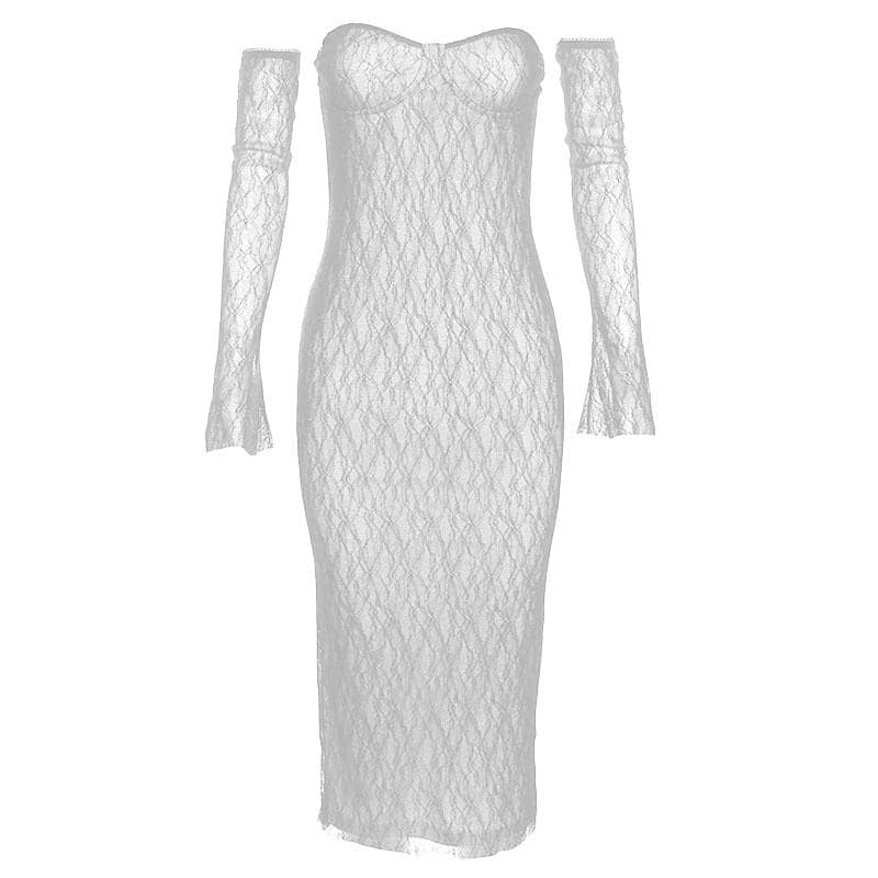 Lace gloves sweetheart neck backless tube midi dress