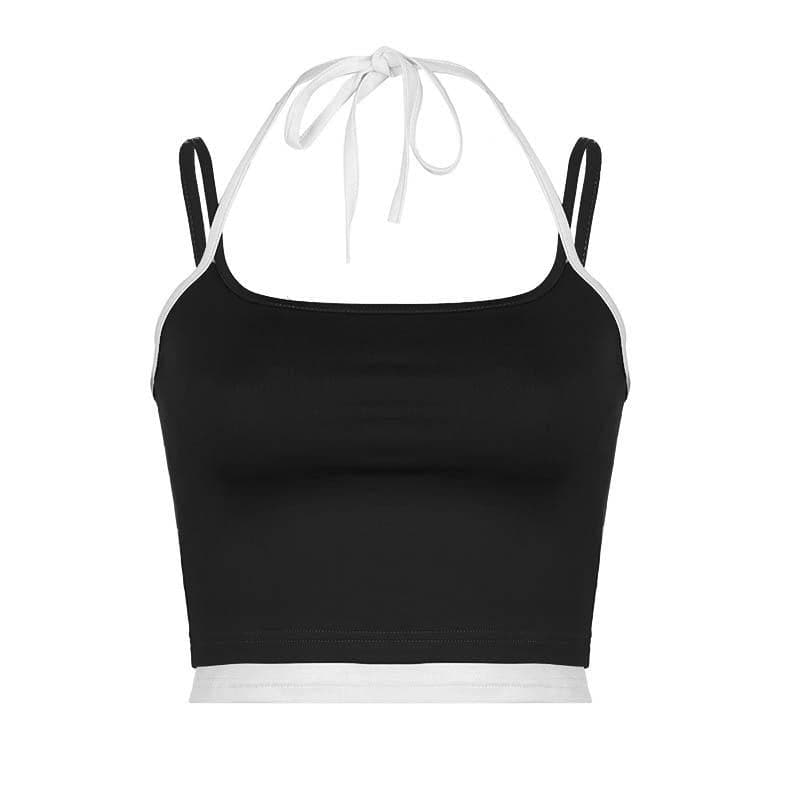 Contrast patchwork halter backless sleeveless crop top