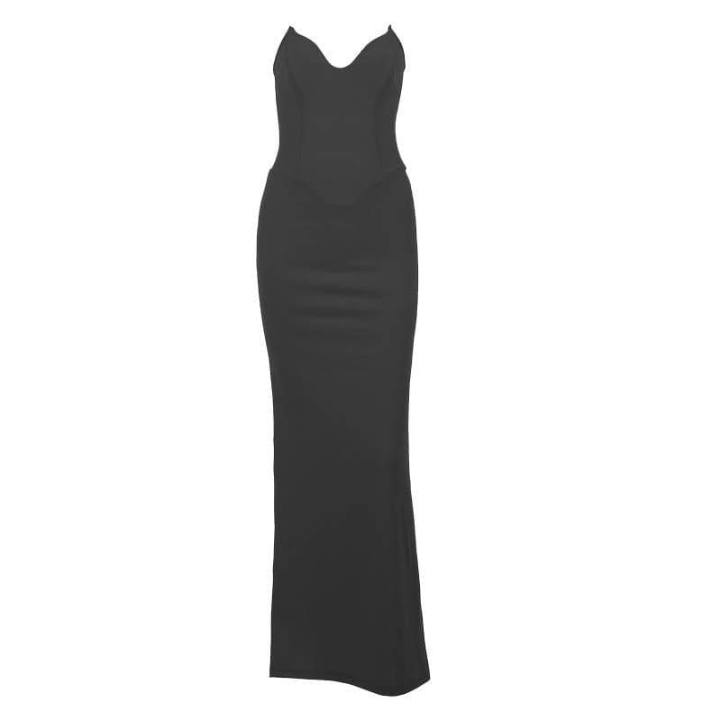 Zip-up solid v neck backless slit tube maxi dress