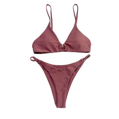 Einfarbiger rückenfreier Camisole-Bikini mit O-Ring und V-Ausschnitt