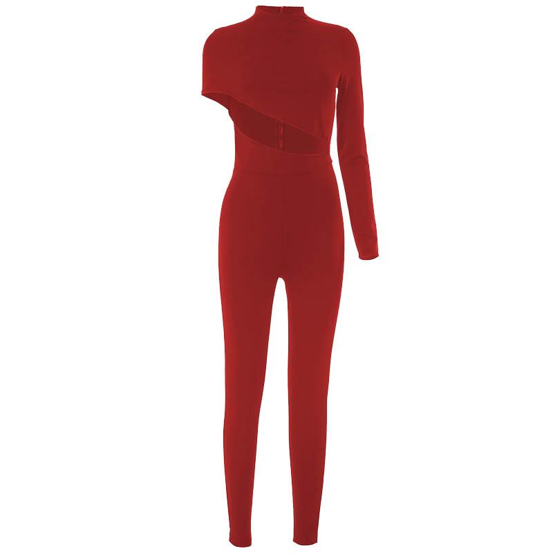 Ausgehöhlter unregelmäßiger, langärmliger, hochgeschlossener, einfarbiger Jumpsuit 