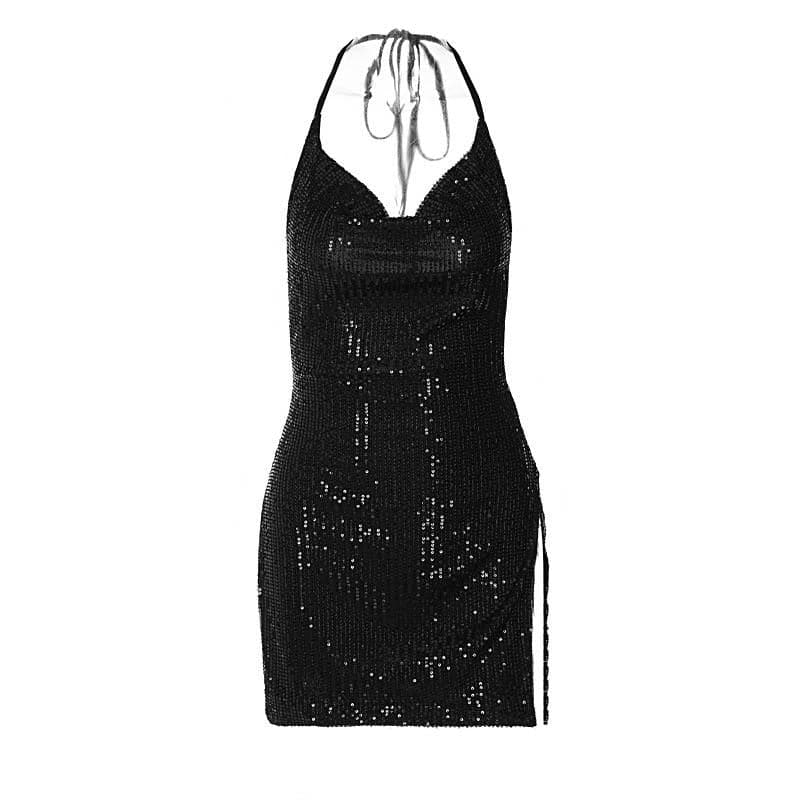 Glitzerndes rückenfreies Minikleid mit Wasserfallausschnitt, Neckholder und Schlitz