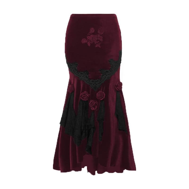 Velvet embroidery flower applique lace hem ruched maxi skirt | victorian gothic dresses