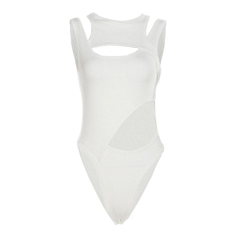 Ausgehöhlter, unregelmäßiger, ärmelloser, einfarbiger Patchwork-Bodysuit 