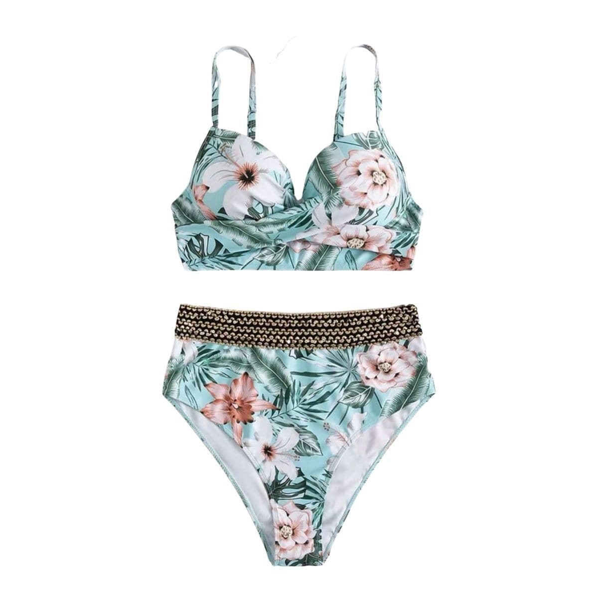 Traje de baño de bikini de tirantes finos con espalda descubierta y relleno en contraste con estampado floral 