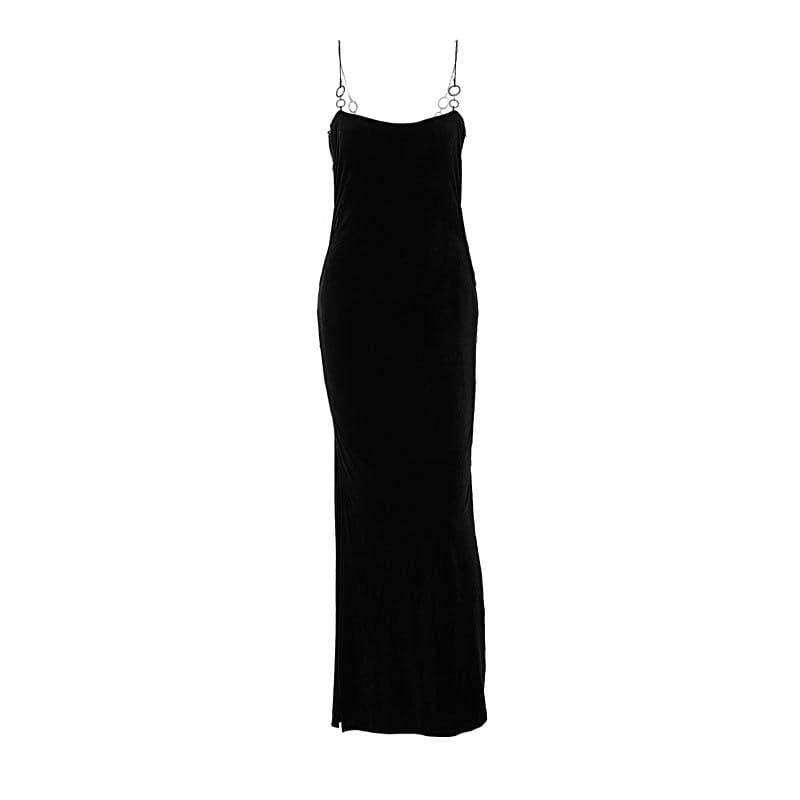 Velvet solid o ring hollow out slit backless maxi dress