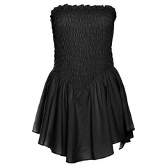 Smocked ruched solid ruffle backless tube mini dress