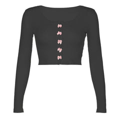 Bowknot textured long sleeve lace hem contrast crop top