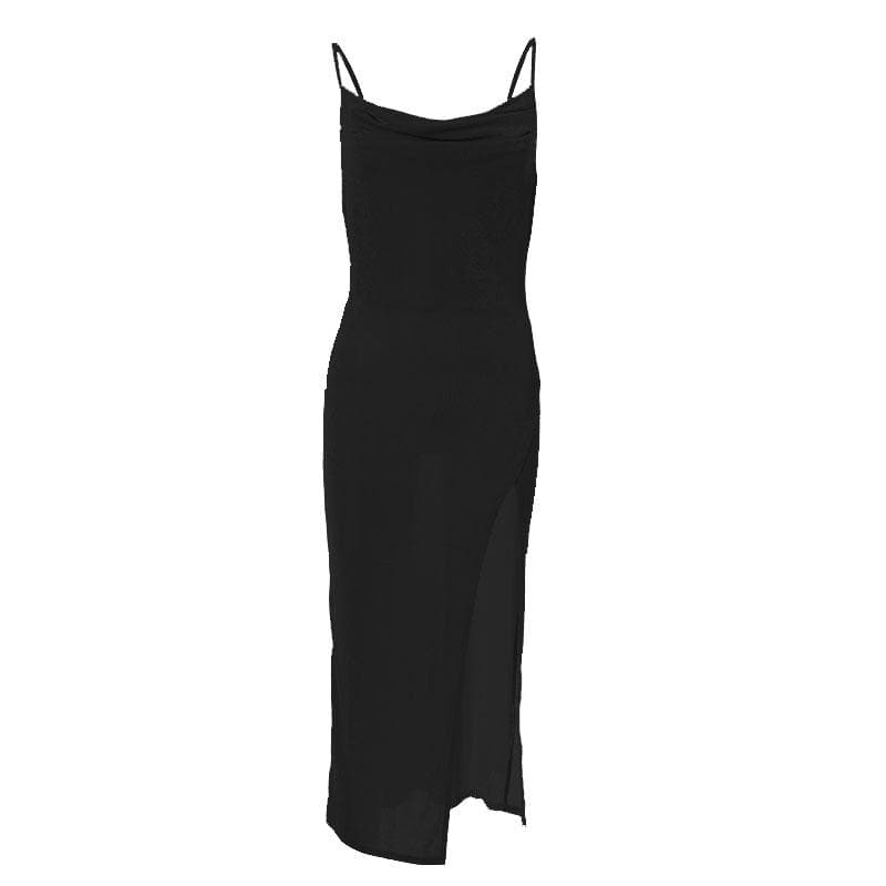 Vestido midi camisola irregular liso con escote vuelto, espalda descubierta y abertura