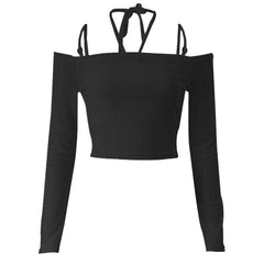 Langärmliges Neckholder-Camisole aus Netzstoff zum Selbstbinden, schulterfrei, 2-teiliges bauchfreies Top 