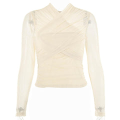 Cross front ruched mesh long sleeve solid top