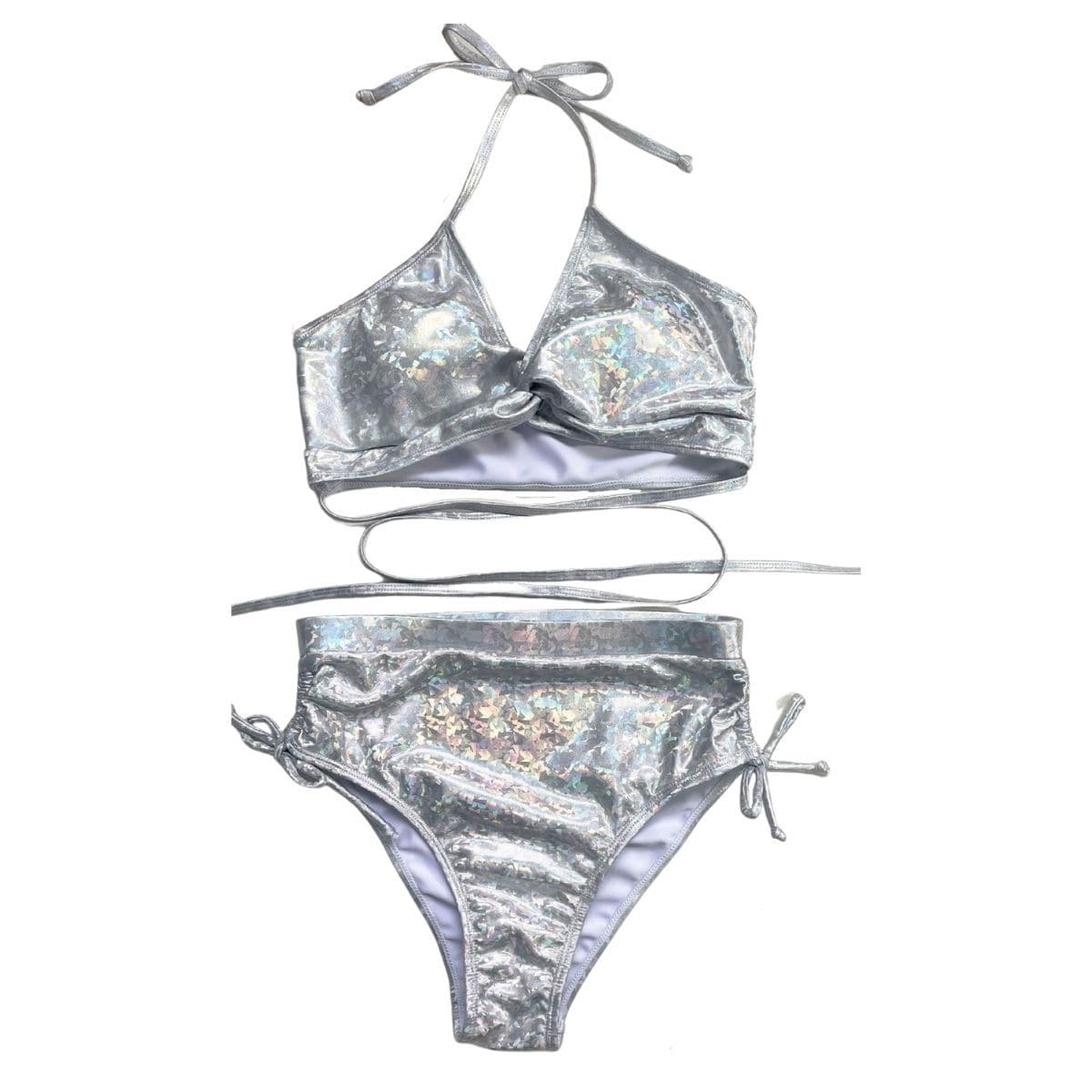 Rückenfreier Bikini mit Neckholder und Kordelzug in Metallic-Optik