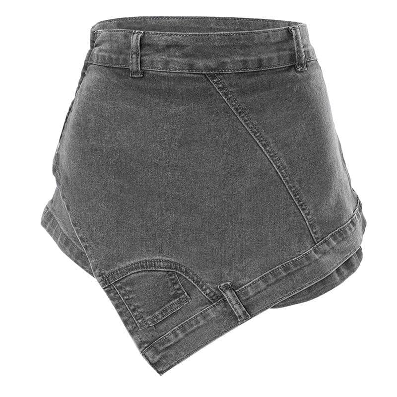 Jeansshorts mit Patchwork und unregelmäßigen Nähten und 2-Wege-Reißverschluss 