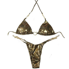 Traje de baño bikini estilo halter con aro tórico y cadena de metal sólido 